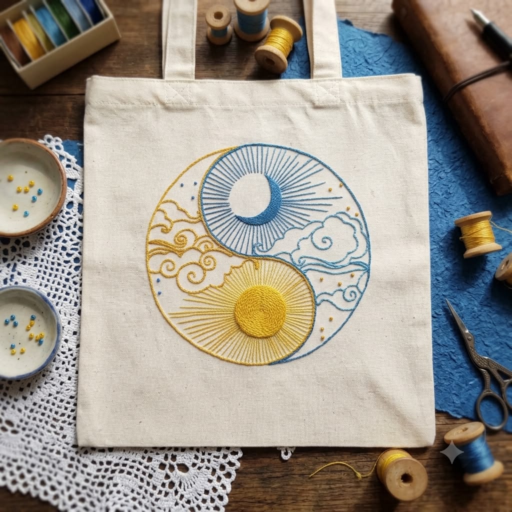 DAY N NIGHT AESTHETIC EMBROIDERED TOTE BAG