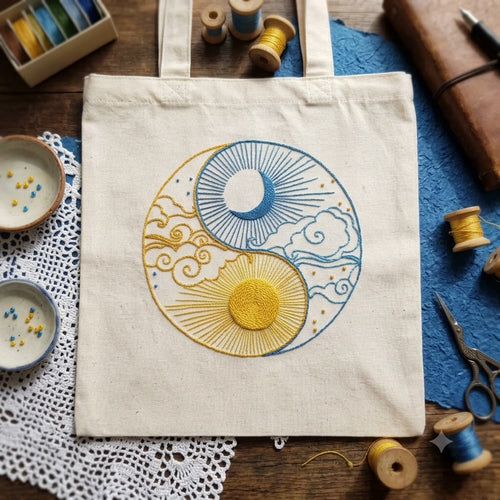 DAY N NIGHT AESTHETIC EMBROIDERED TOTE BAG